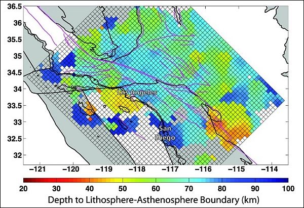 Глубина литосферы в Южной Калифорнии. Цветовое разнообразие свидетельствует о её большой вариативности. (Изображение Fischer Lab, Brown University.)